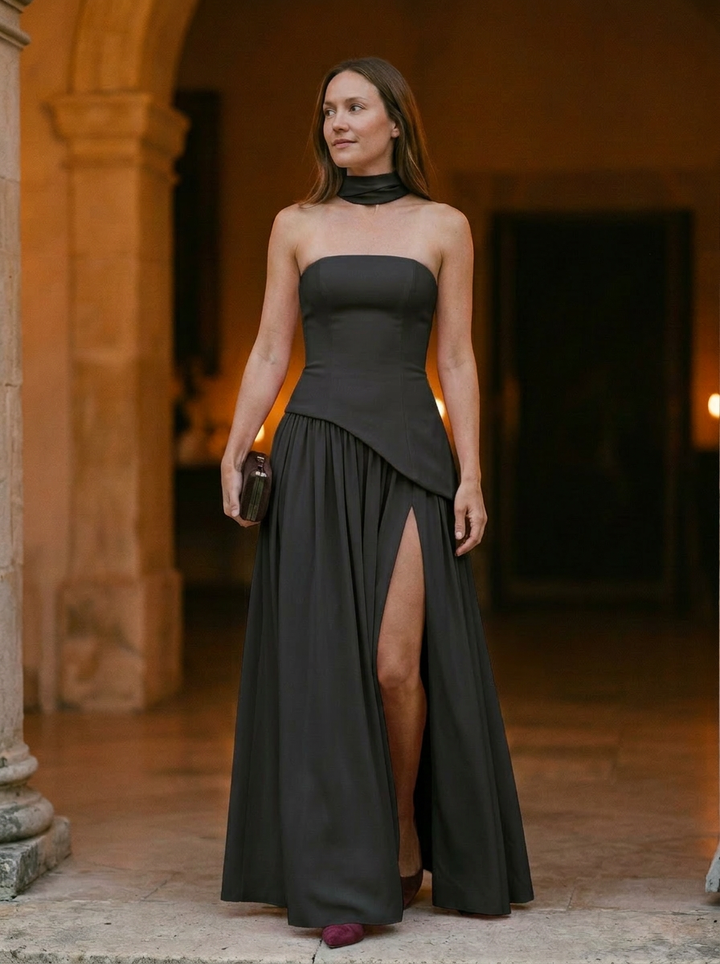 Women’s Strapless Asymmetrical Draped Maxi Gown With Choker Detail