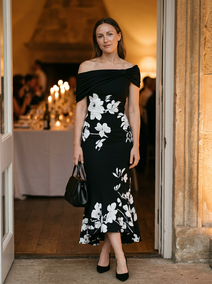 Women's Off-Shoulder Fitted Midi Dress With Draped Bodice and Floral Detail