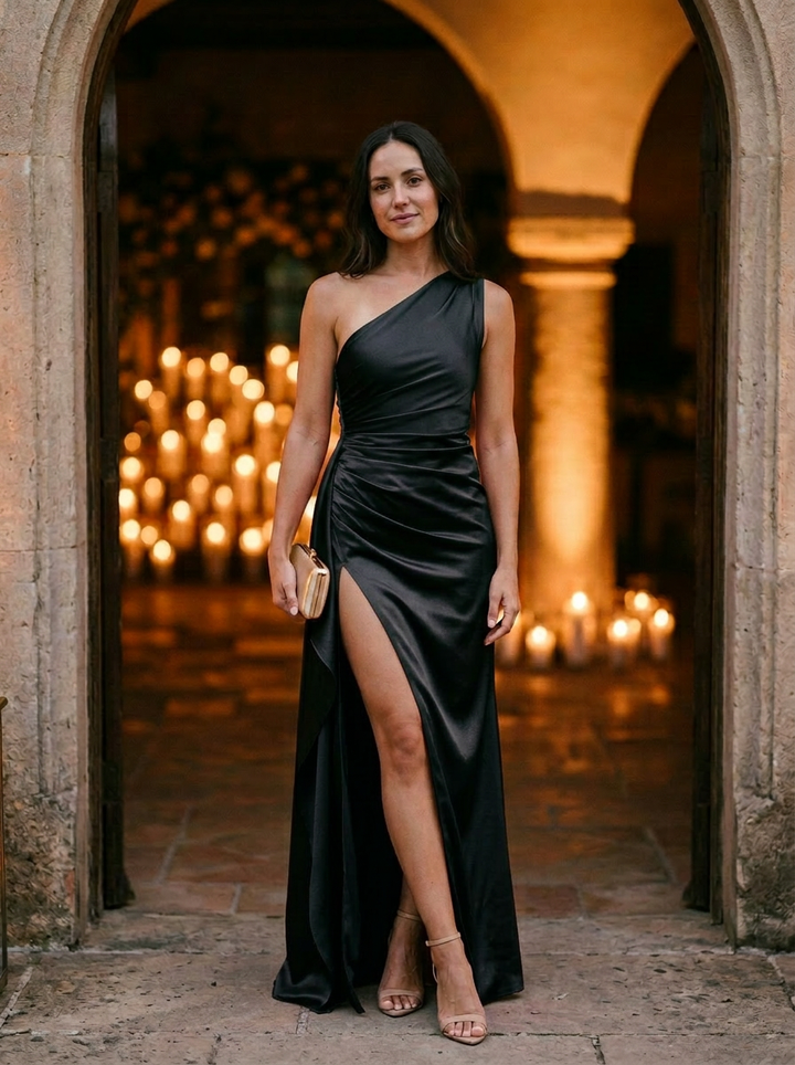 Women's One-Shoulder Ruched Bodice Maxi Dress With High Slit