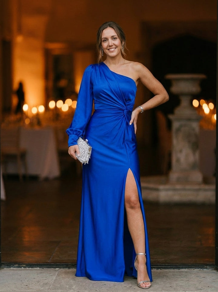 Women's Olive One-Shoulder Ruched Maxi Dress With Asymmetrical Slit