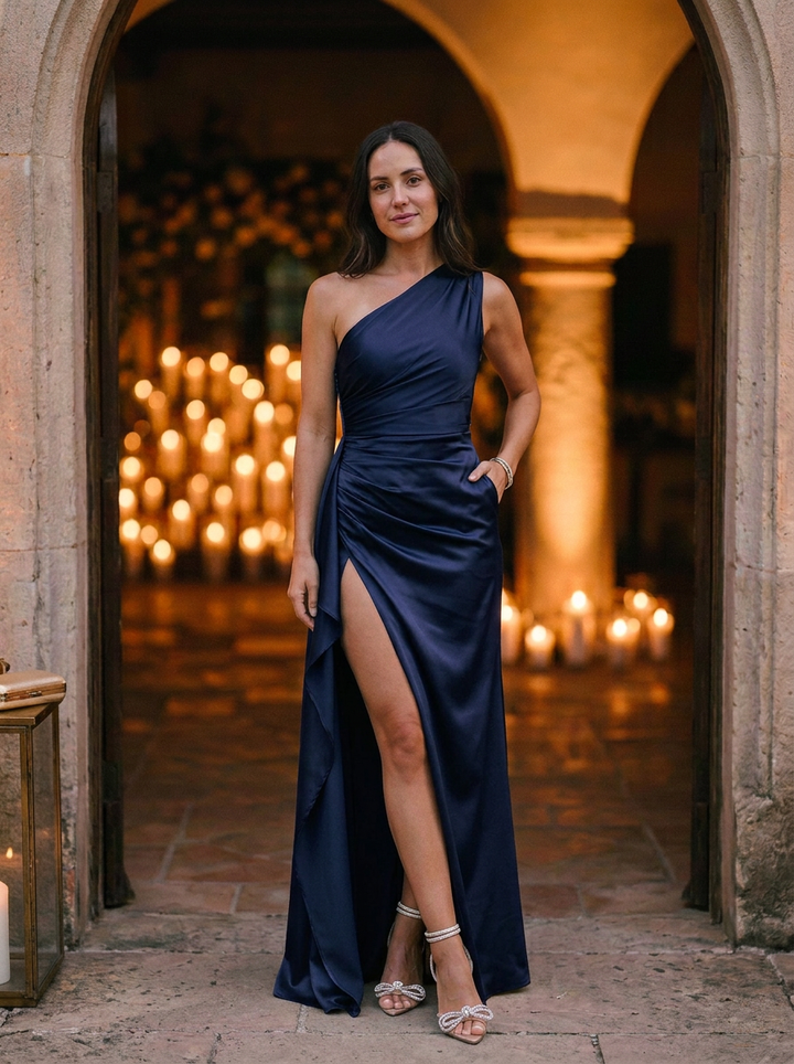 Women's One-Shoulder Ruched Bodice Maxi Dress With High Slit