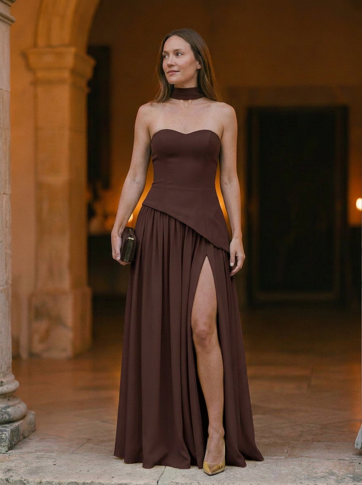 Women’s Strapless Asymmetrical Draped Maxi Gown With Choker Detail