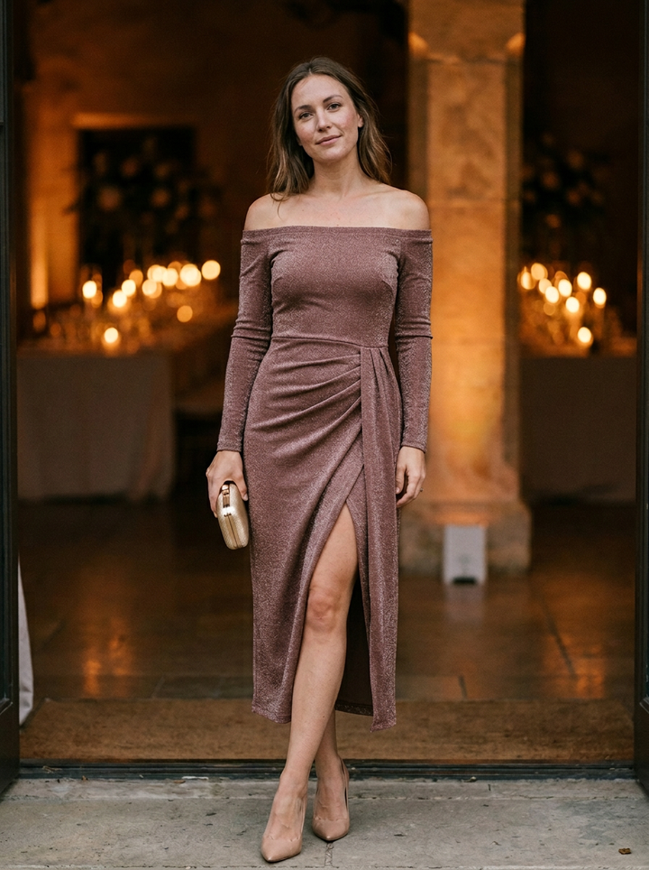 Women's Off-Shoulder Ruched Glitter Knit Maxi Dress With High Slit