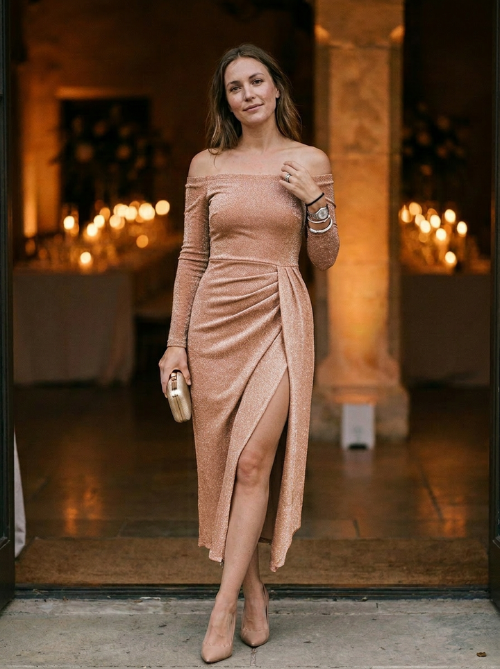 Women's Off-Shoulder Ruched Glitter Knit Maxi Dress With High Slit