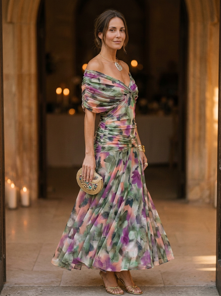Women's Elegant Off-Shoulder Pleated Midi Dress