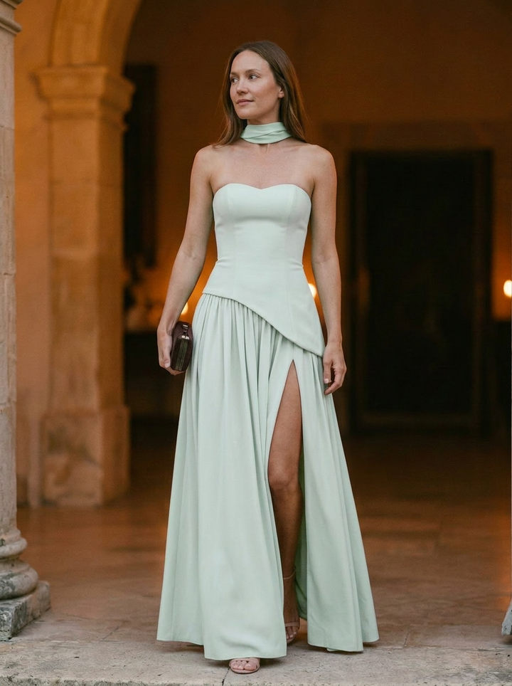 Women’s Strapless Asymmetrical Draped Maxi Gown With Choker Detail