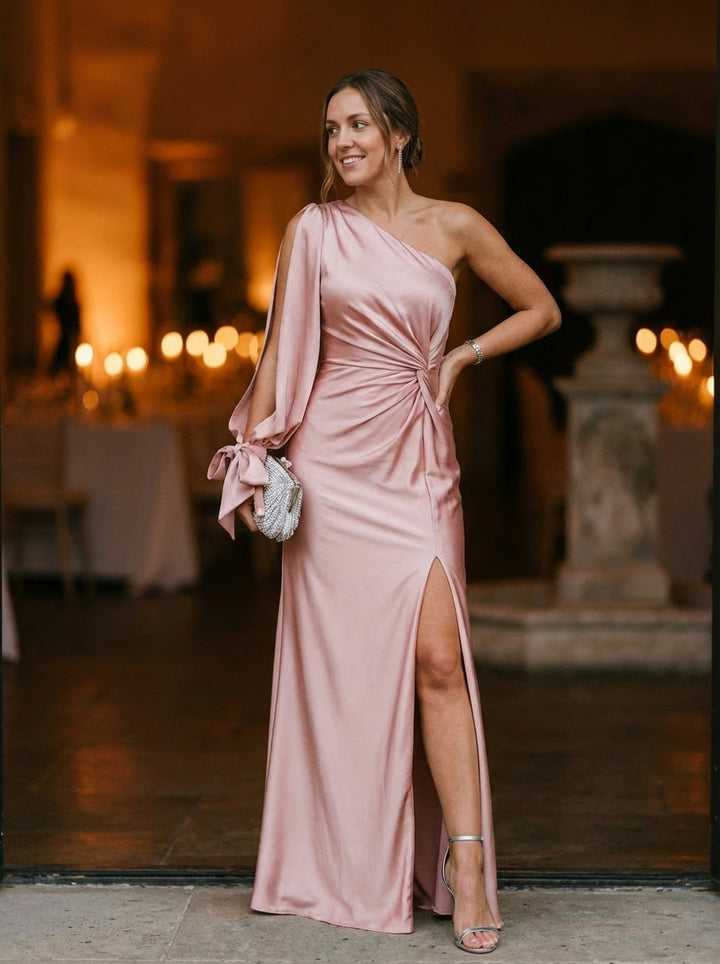 Women's Olive One-Shoulder Ruched Maxi Dress With Asymmetrical Slit