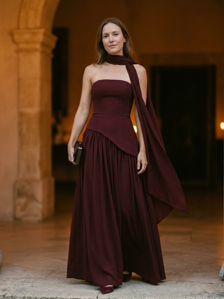 Women’s Strapless Asymmetrical Draped Maxi Gown With Choker Detail