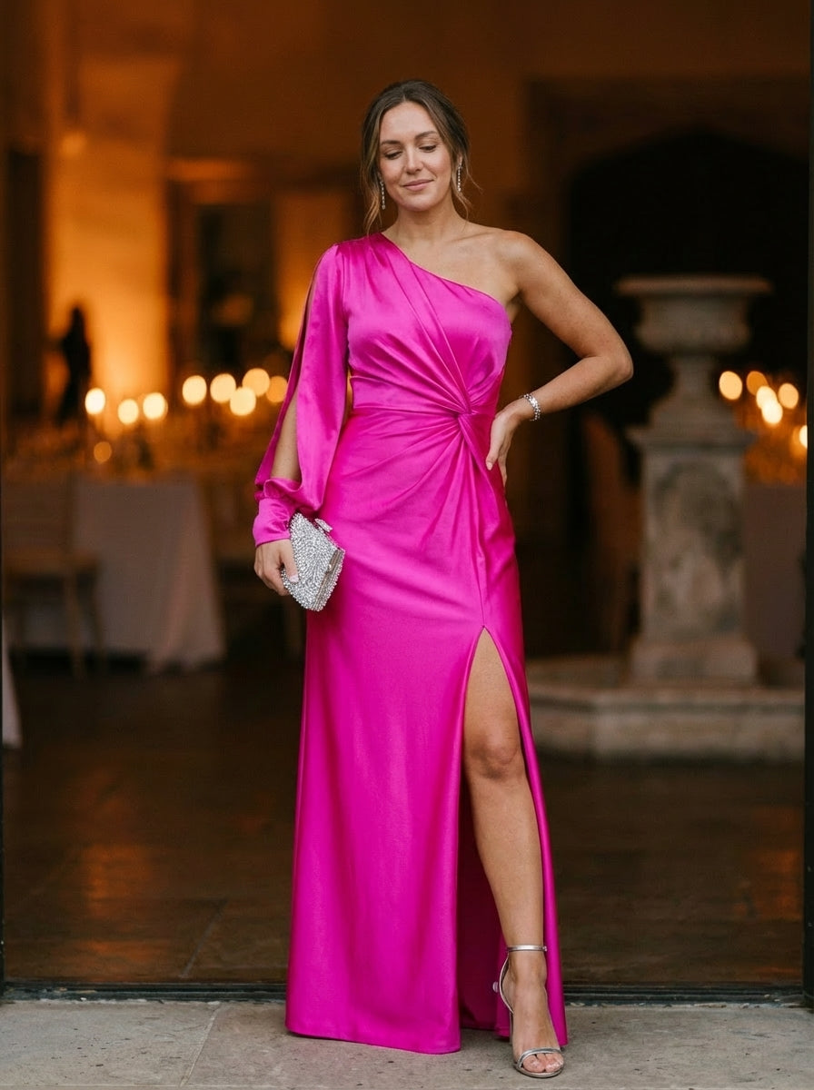 Women's Olive One-Shoulder Ruched Maxi Dress With Asymmetrical Slit