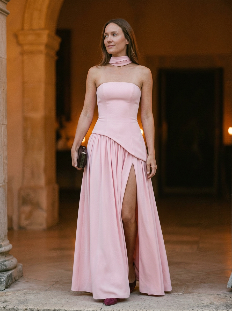 Women’s Strapless Asymmetrical Draped Maxi Gown With Choker Detail