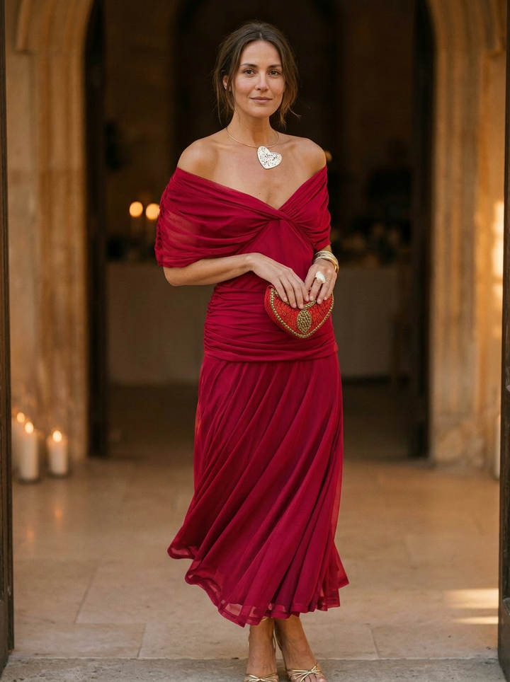 Women's Elegant Off-Shoulder Pleated Midi Dress