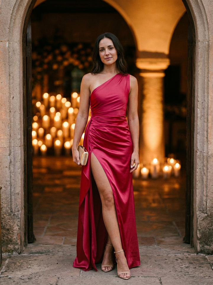 Women's One-Shoulder Ruched Bodice Maxi Dress With High Slit