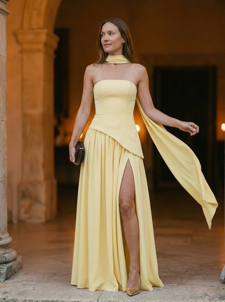 Women’s Strapless Asymmetrical Draped Maxi Gown With Choker Detail