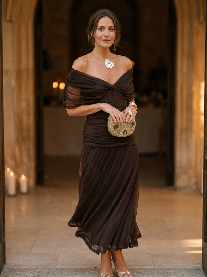 Women's Elegant Off-Shoulder Pleated Midi Dress