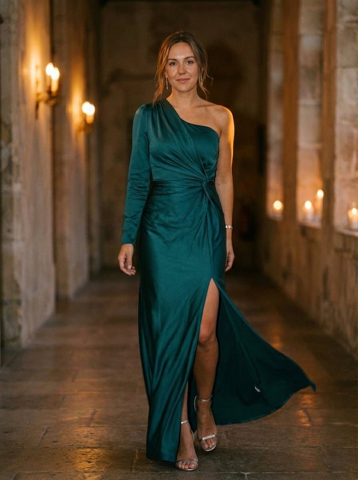 Women's Olive One-Shoulder Ruched Maxi Dress With Asymmetrical Slit