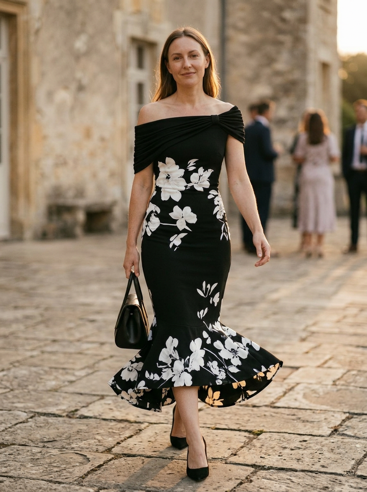 Women's Off-Shoulder Fitted Midi Dress With Draped Bodice and Floral Detail