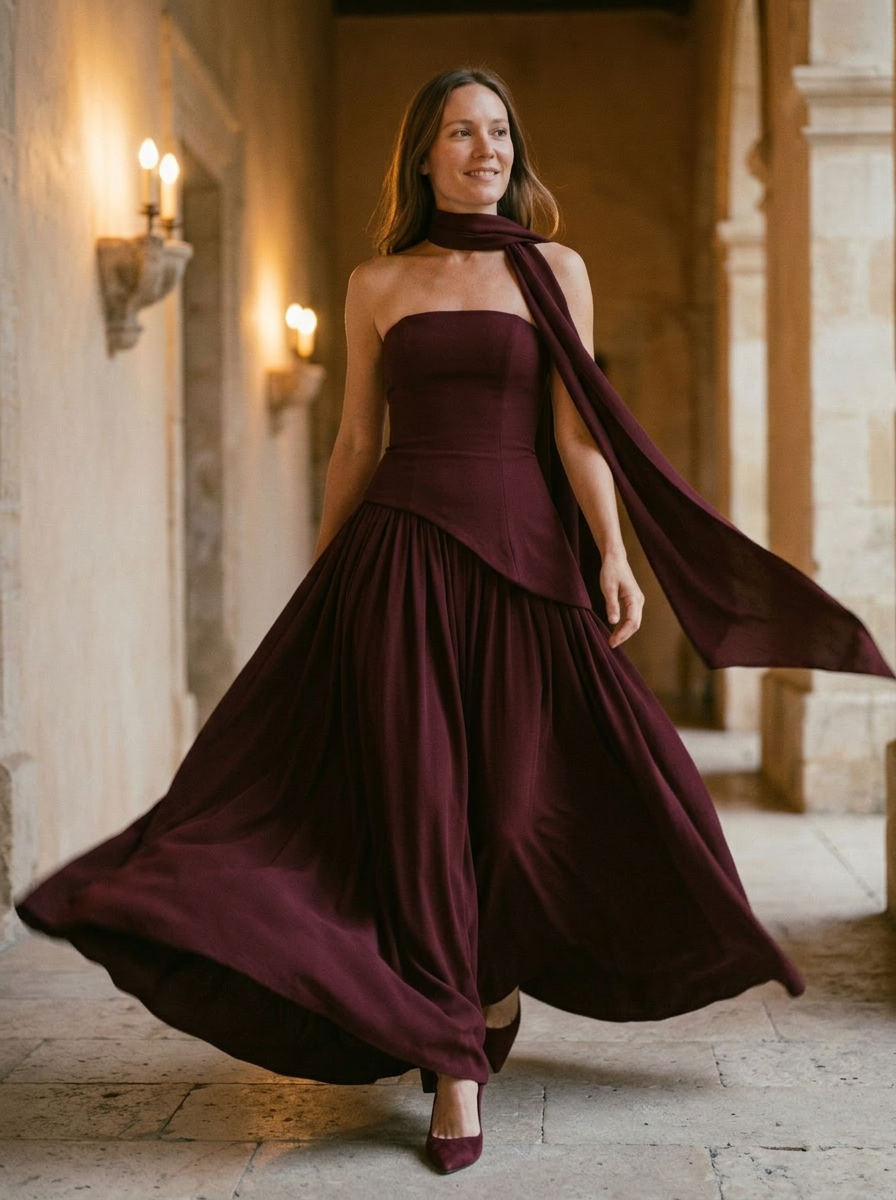 Women’s Strapless Asymmetrical Draped Maxi Gown With Choker Detail