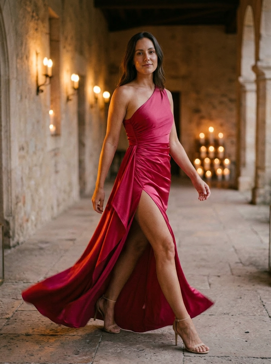 Women's One-Shoulder Ruched Bodice Maxi Dress With High Slit