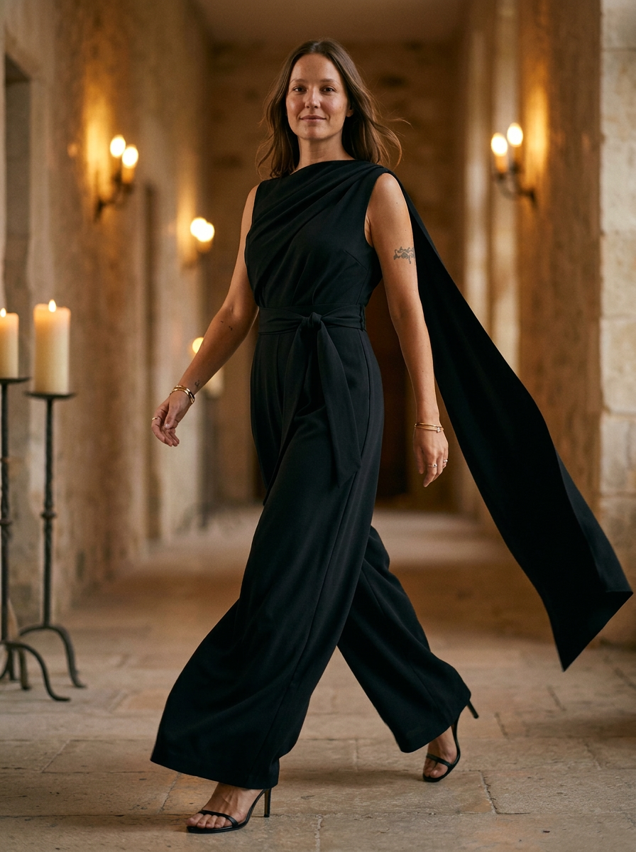 Women's Draped Cowl Neck Jumpsuit With Belted Waist and Wide Leg