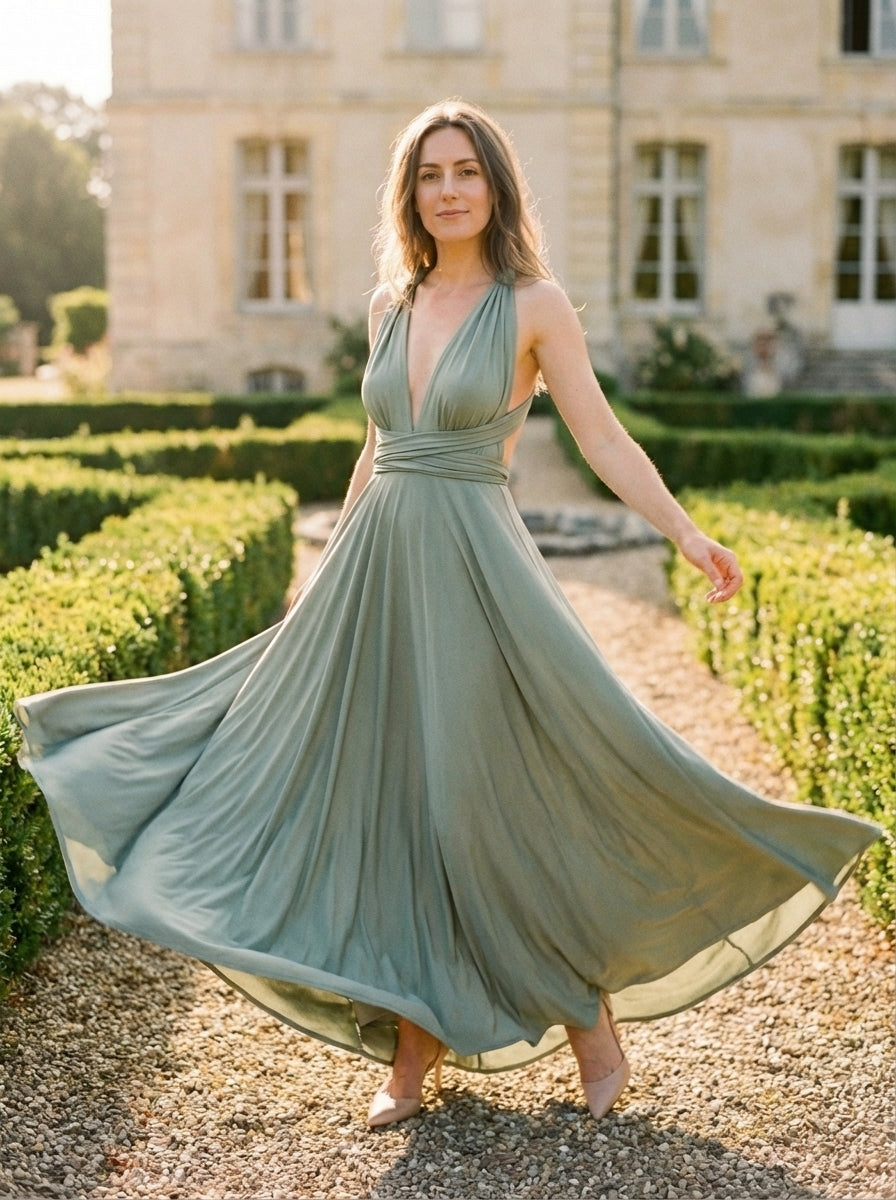 Women's Versatile Multiway Knit Maxi Dress With Wrapped Bodice And Flowing Silhouette