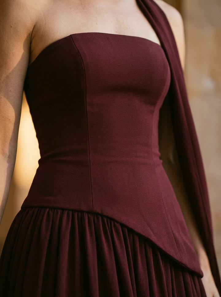 Women’s Strapless Asymmetrical Draped Maxi Gown With Choker Detail