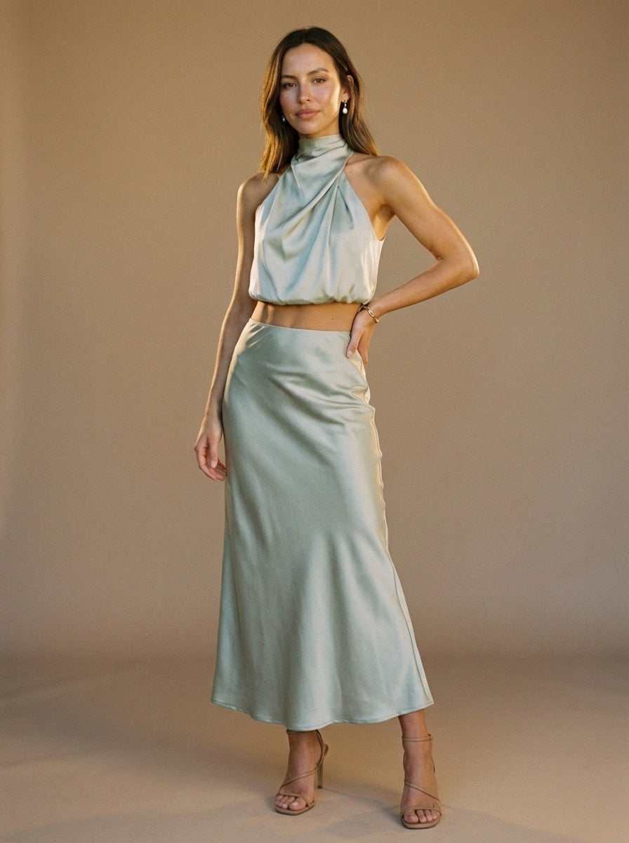 Women’s Elegant Two-Piece Halter Crop Top and Flowing Maxi Skirt Set