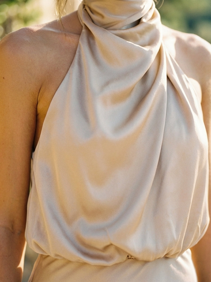 Women's Draped Halter Midi Dress With Twisted Bodice