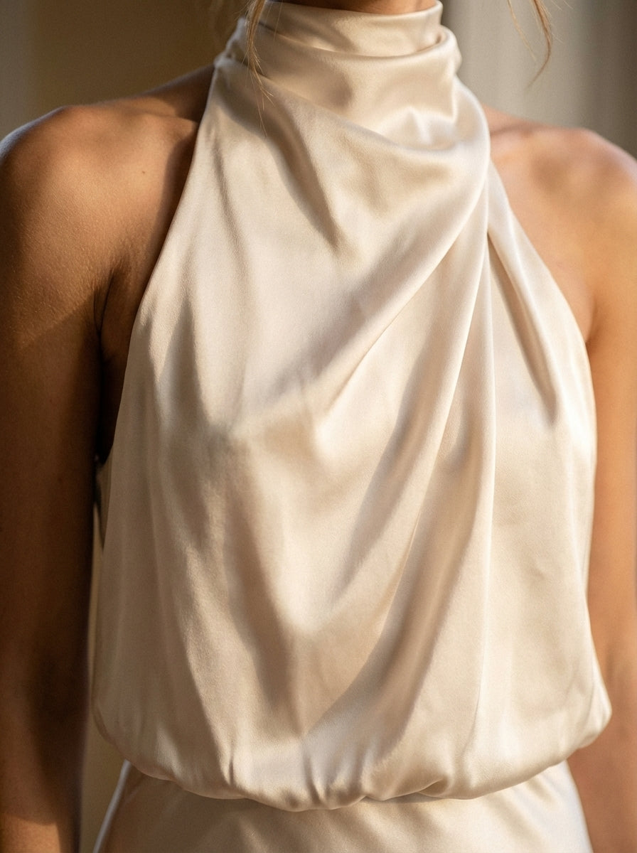 Women's Eloise Midi Dress With Draped Cowl Halter Neckline and Sleek Silhouette