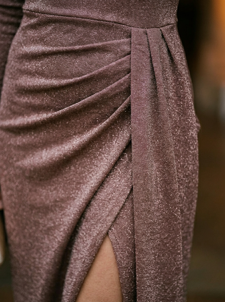 Women's Off-Shoulder Ruched Glitter Knit Maxi Dress With High Slit