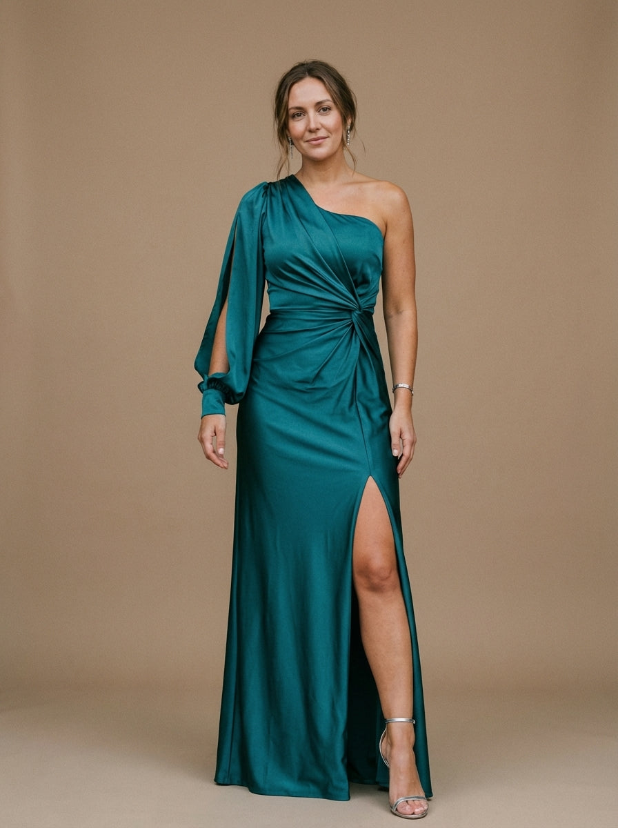 Women's Olive One-Shoulder Ruched Maxi Dress With Asymmetrical Slit