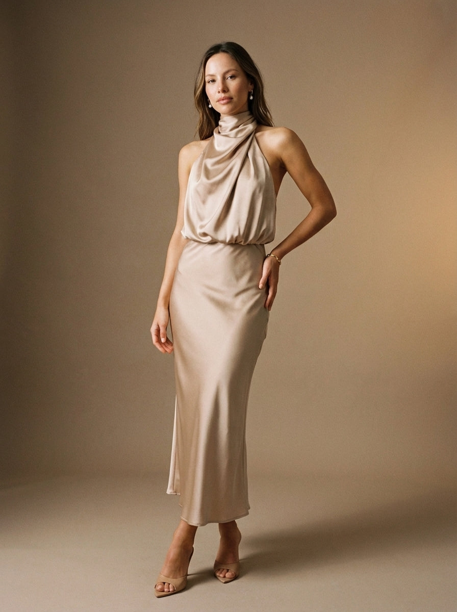 Women's Draped Halter Midi Dress With Twisted Bodice