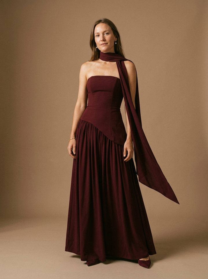 Women’s Strapless Asymmetrical Draped Maxi Gown With Choker Detail