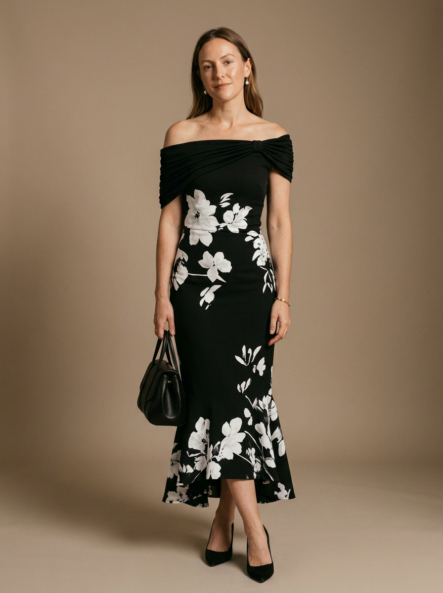 Women's Off-Shoulder Fitted Midi Dress With Draped Bodice and Floral Detail