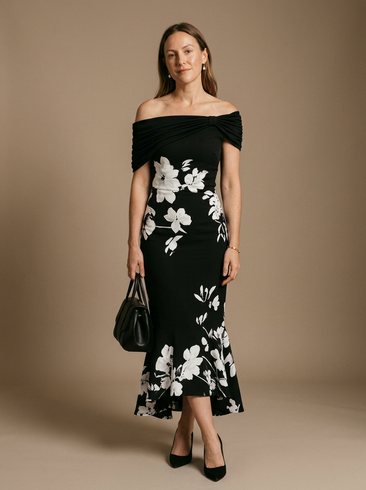Women's Off-Shoulder Fitted Midi Dress With Draped Bodice and Floral Detail