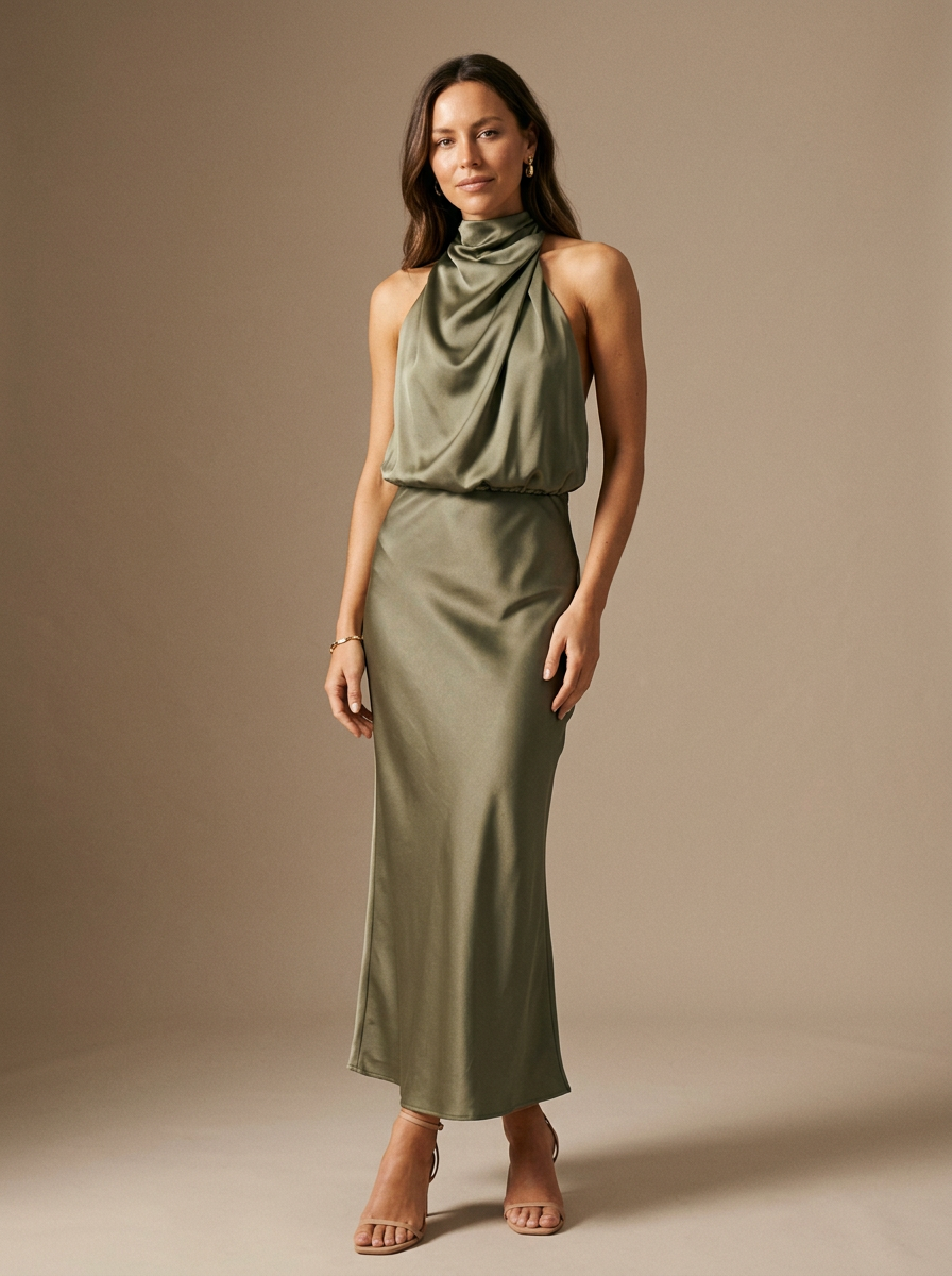 Women's Elegant Fitted Maxi Dress With Draped High Neck and Flared Hem