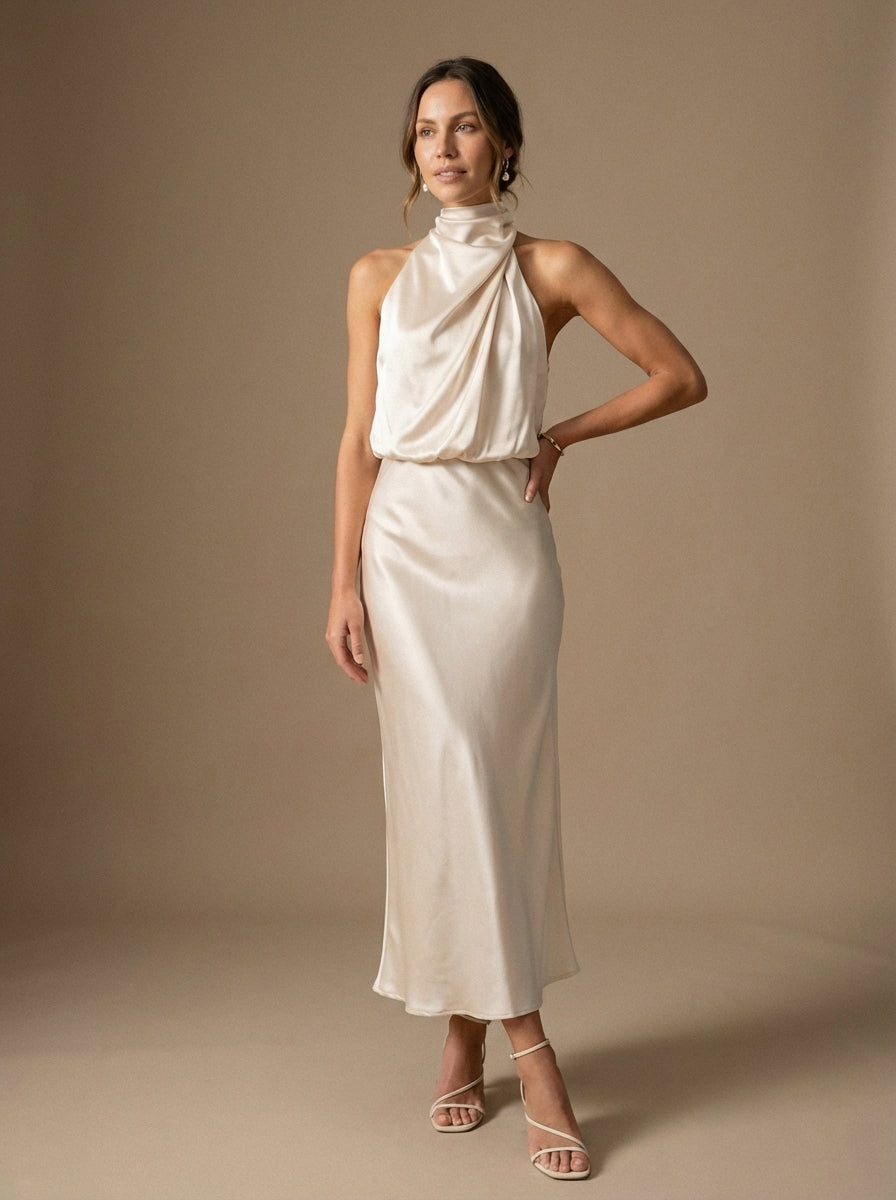 Women's Eloise Midi Dress With Draped Cowl Halter Neckline and Sleek Silhouette