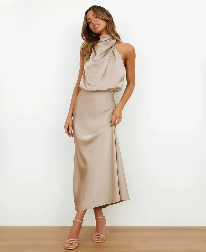 Women’s High Neck Midi Dress – Sleeveless Draped Halter Cocktail Gown