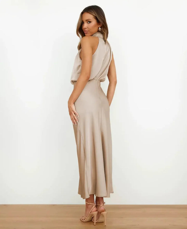 Women’s High Neck Midi Dress – Sleeveless Draped Halter Cocktail Gown