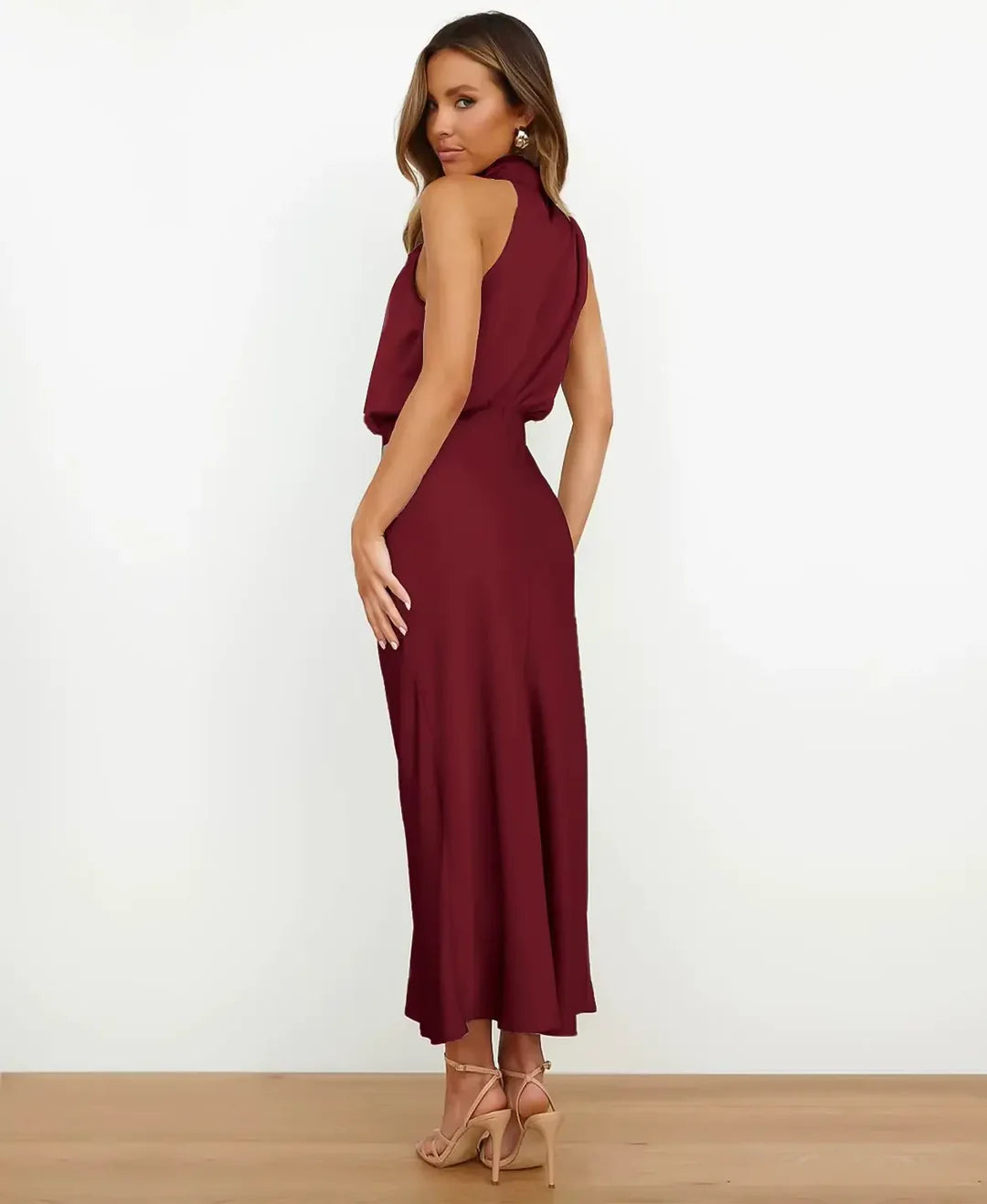 Women’s High Neck Midi Dress – Sleeveless Draped Halter Cocktail Gown