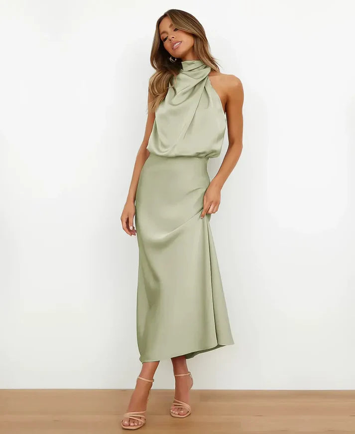 Women’s High Neck Midi Dress – Sleeveless Draped Halter Cocktail Gown