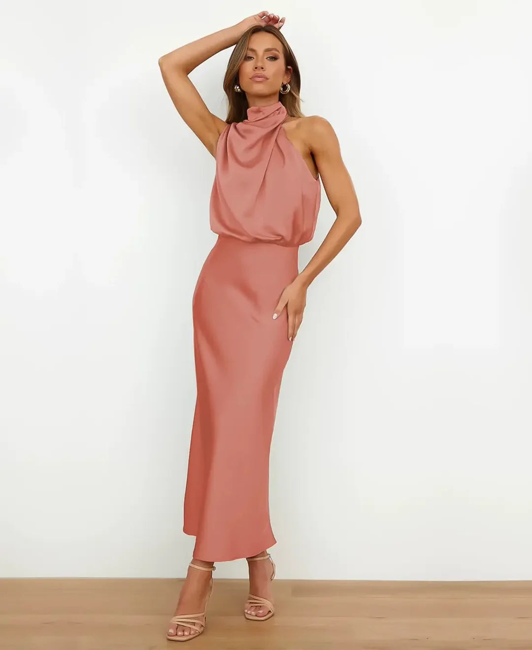 Women’s High Neck Midi Dress – Sleeveless Draped Halter Cocktail Gown