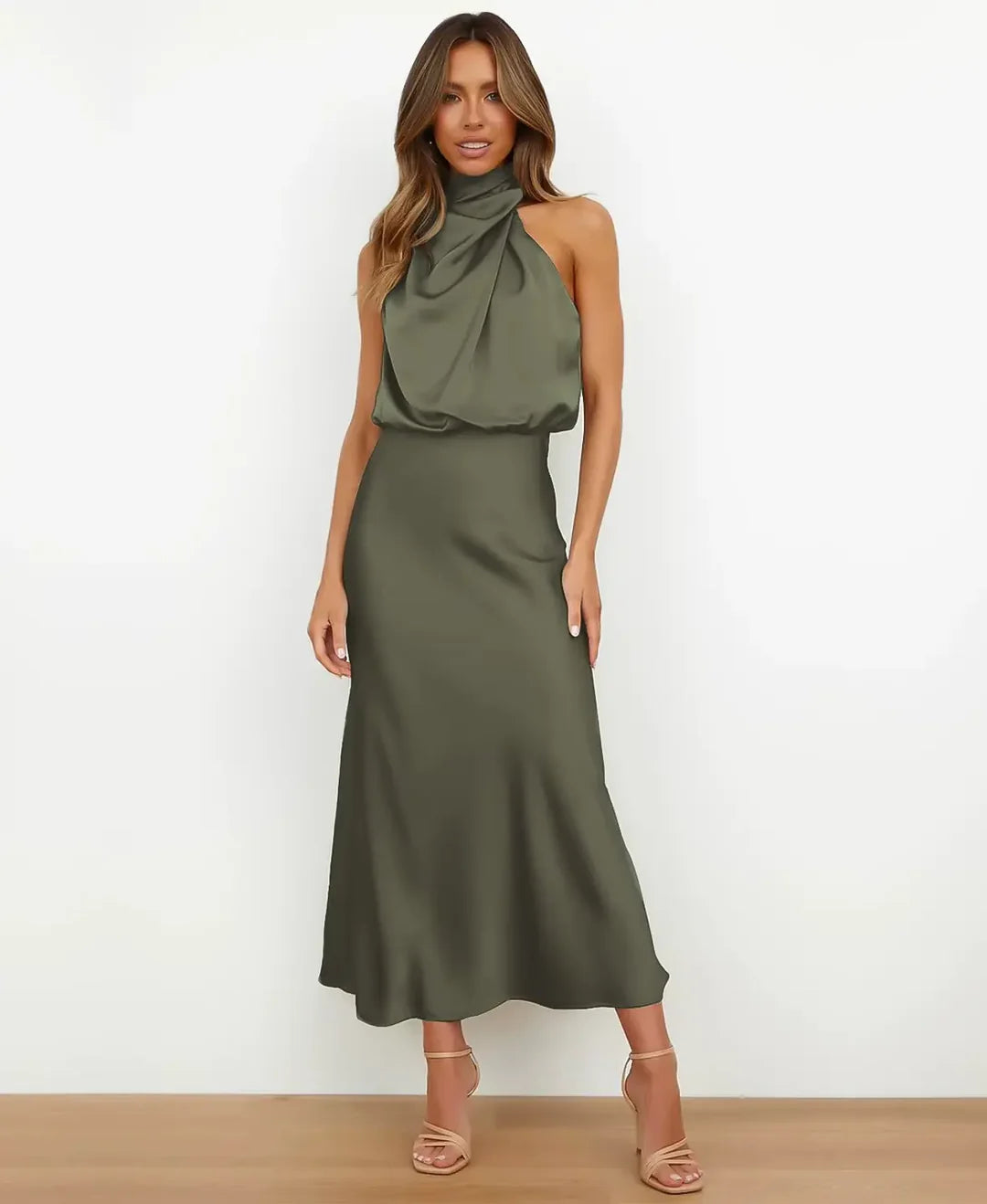 Women’s High Neck Midi Dress – Sleeveless Draped Halter Cocktail Gown