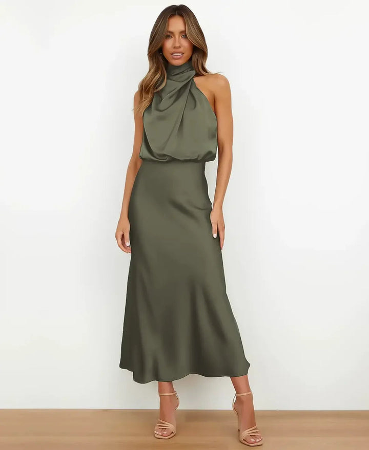 Women’s High Neck Midi Dress – Sleeveless Draped Halter Cocktail Gown