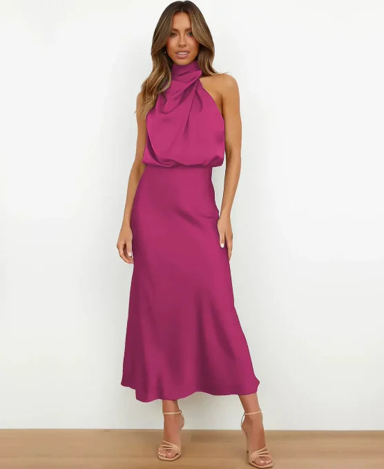 Women’s High Neck Midi Dress – Sleeveless Draped Halter Cocktail Gown