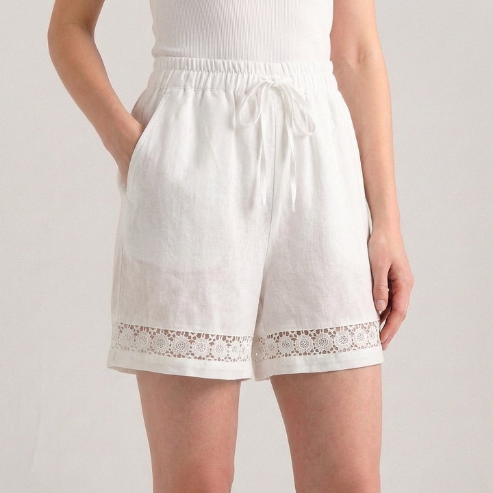 Women's Wide-Leg Mini Shorts With Delicate Lace Hem And Drawstring Waist