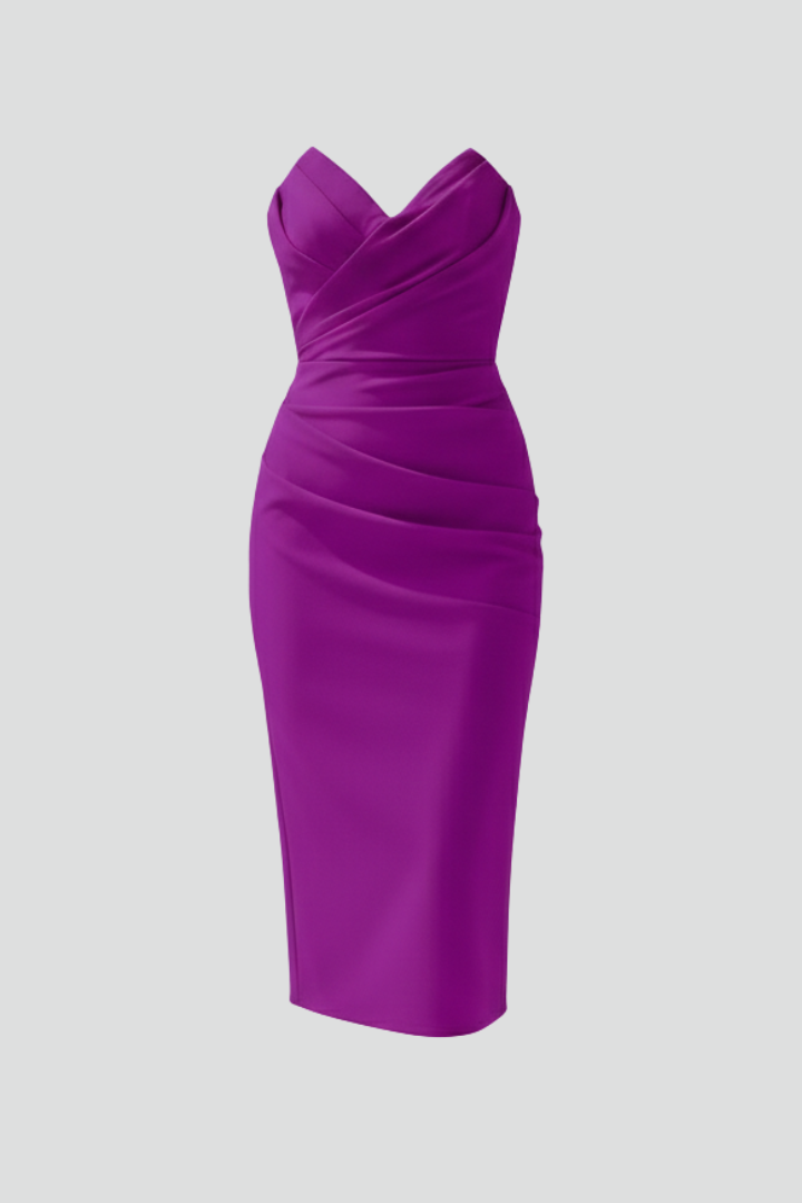 Women's Strapless Midi Dress With Ruched Skirt
