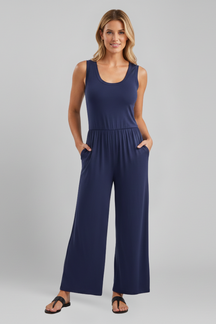 Emma Women's Round-Neck Elastic-Waist Wide-Leg Jumpsuit
