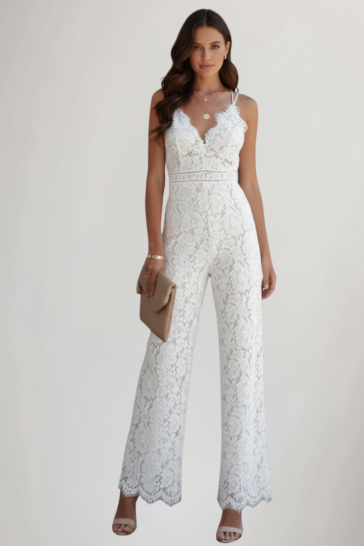 Women's Sleeveless Lace V-Neck Wide Leg Jumpsuit
