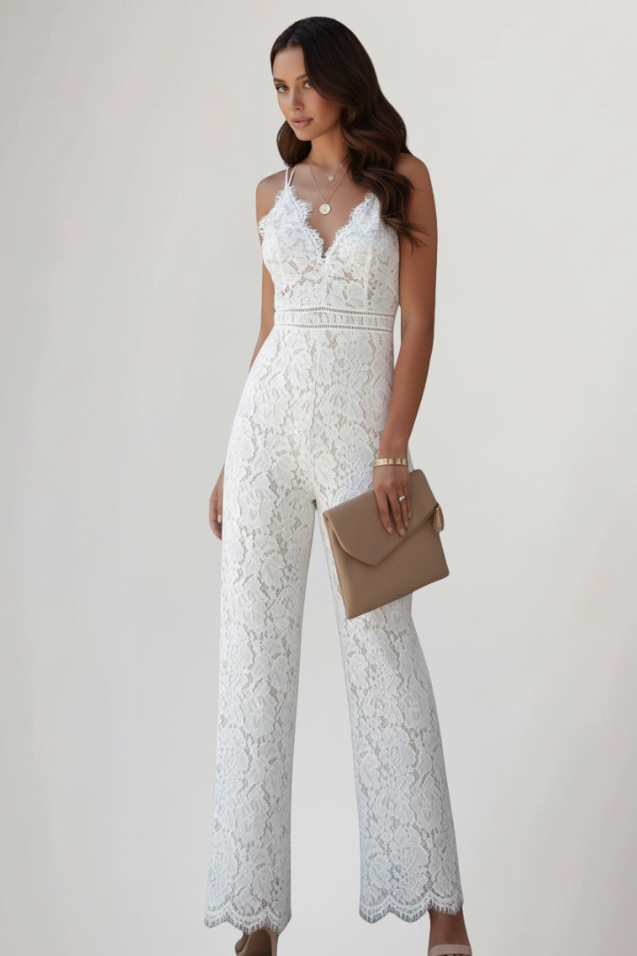 Women's Sleeveless Lace V-Neck Wide Leg Jumpsuit