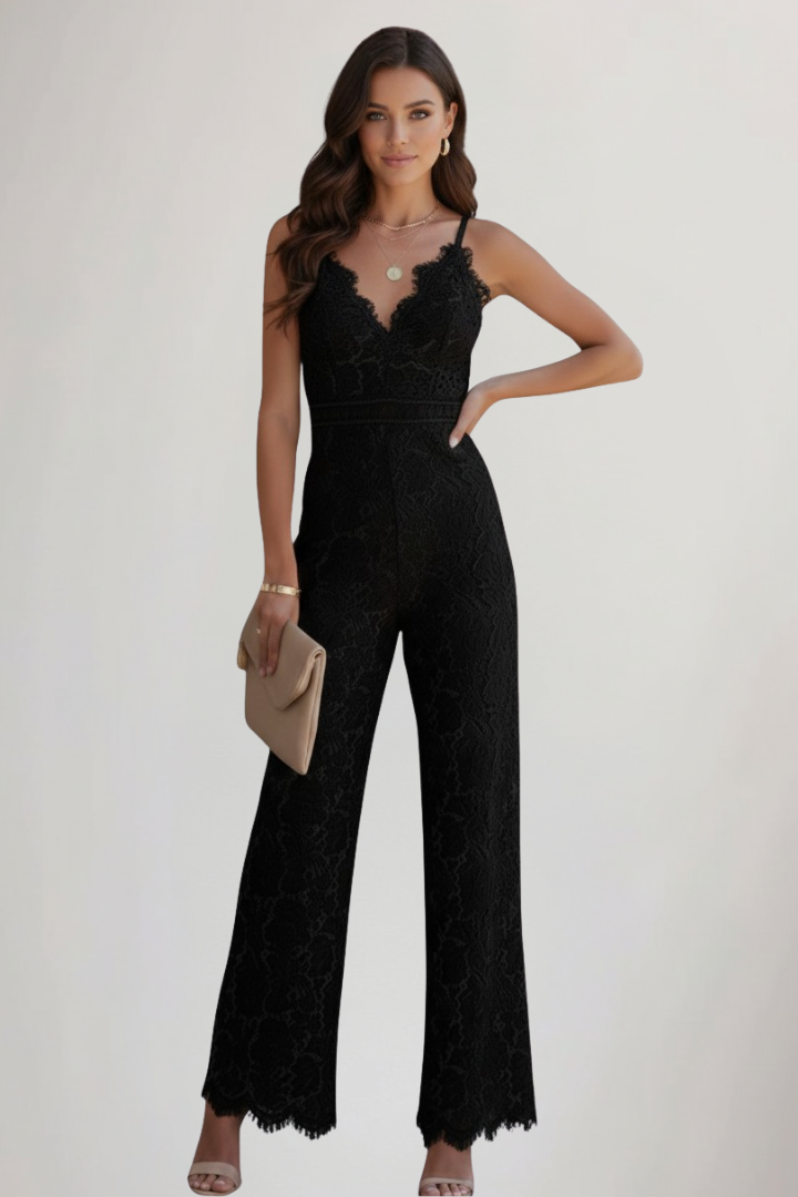 Women's Sleeveless Lace V-Neck Wide Leg Jumpsuit